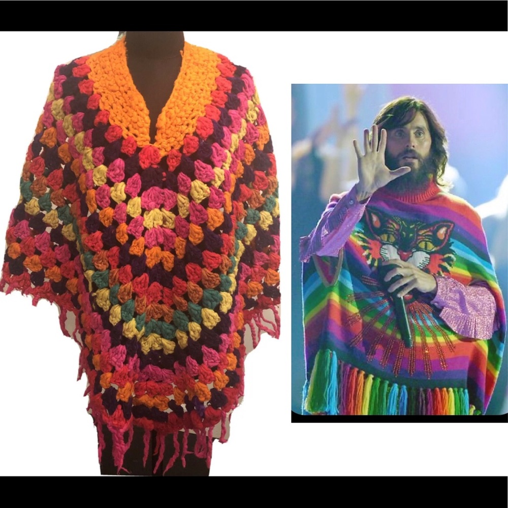 Alpaca Peruvian wool Colorful poncho cape Hippie